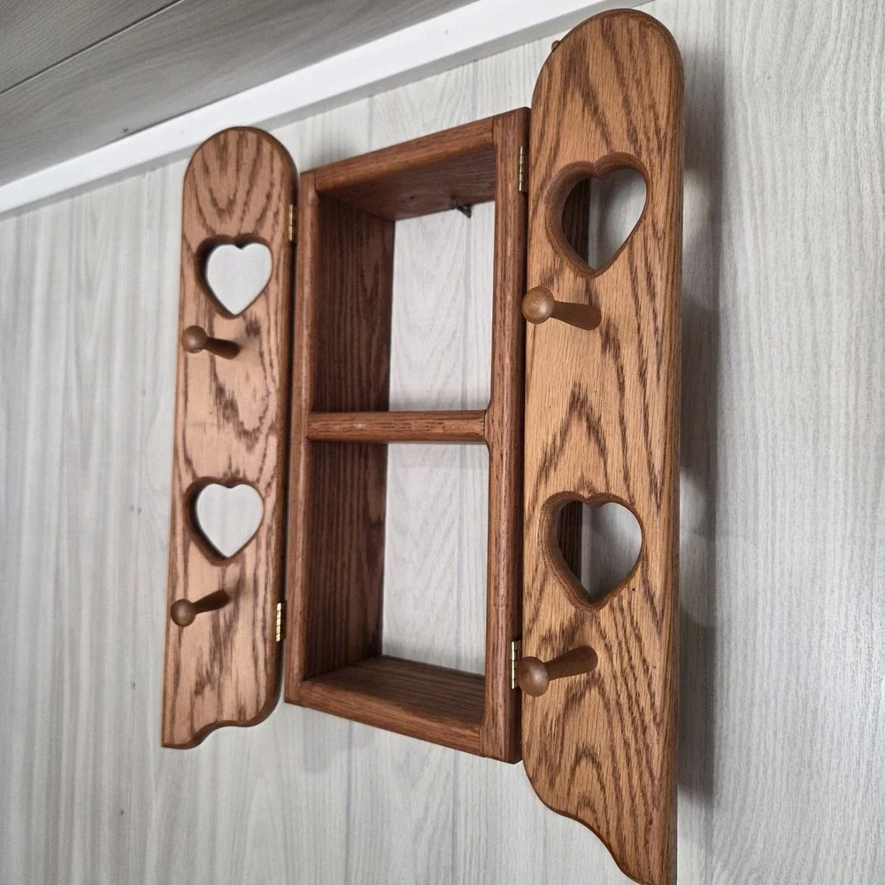 Vintage Wood 3 Level Display Shelf / Flip Open Heart Doors Hat Dowels Pegs